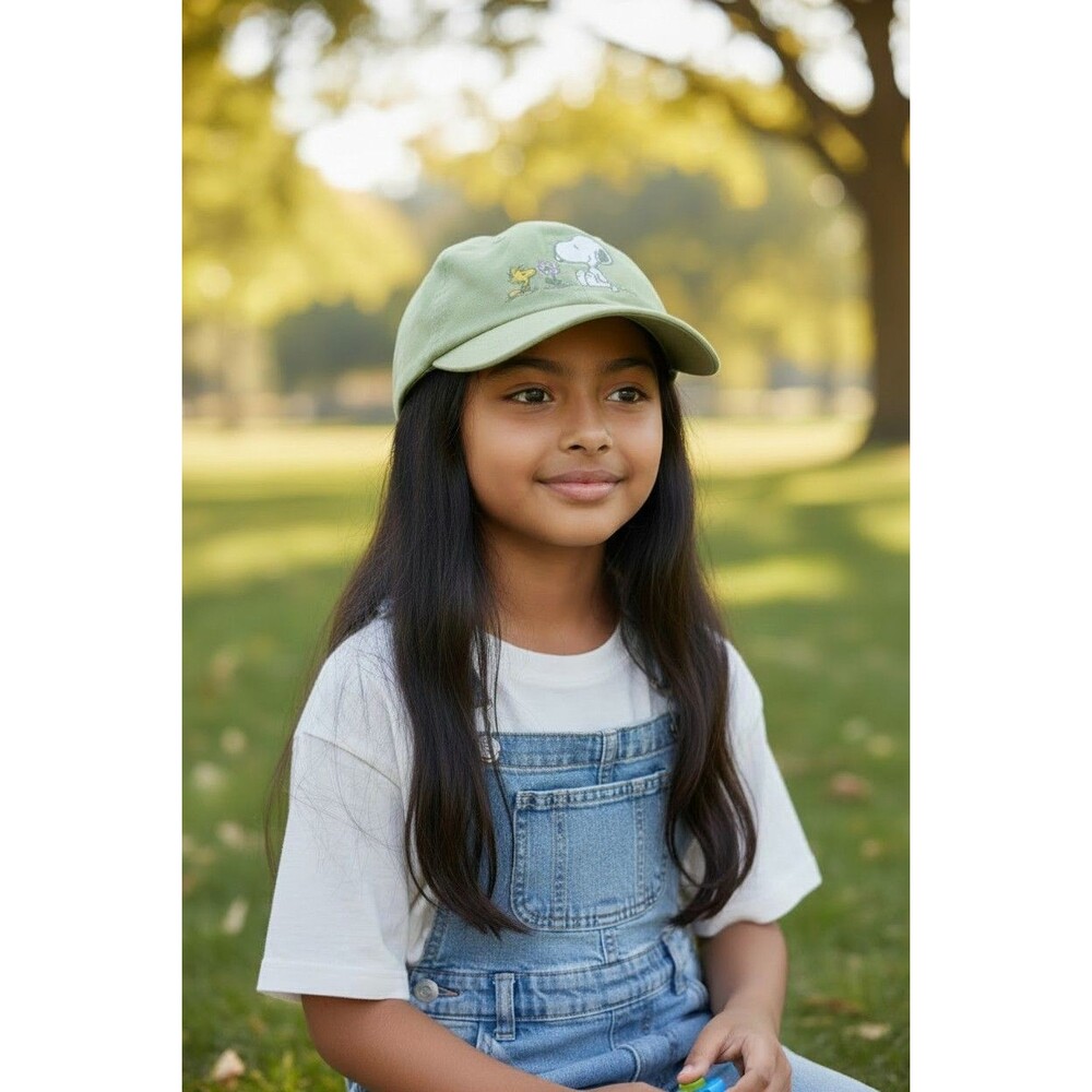 Peanuts Snoopy & Woodstock Flower Embroidered Lime Green Baseball Cap Youth